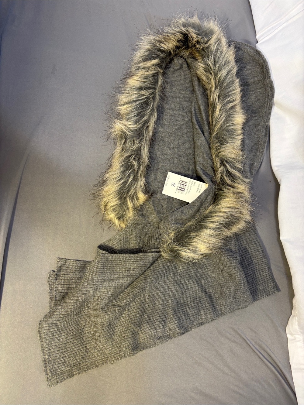 CAbi Gray Hooded Knit Wrap with Faux Fur Trim